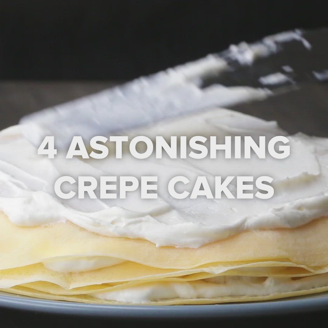 This may contain: a stack of crepe cakes sitting on top of a white plate