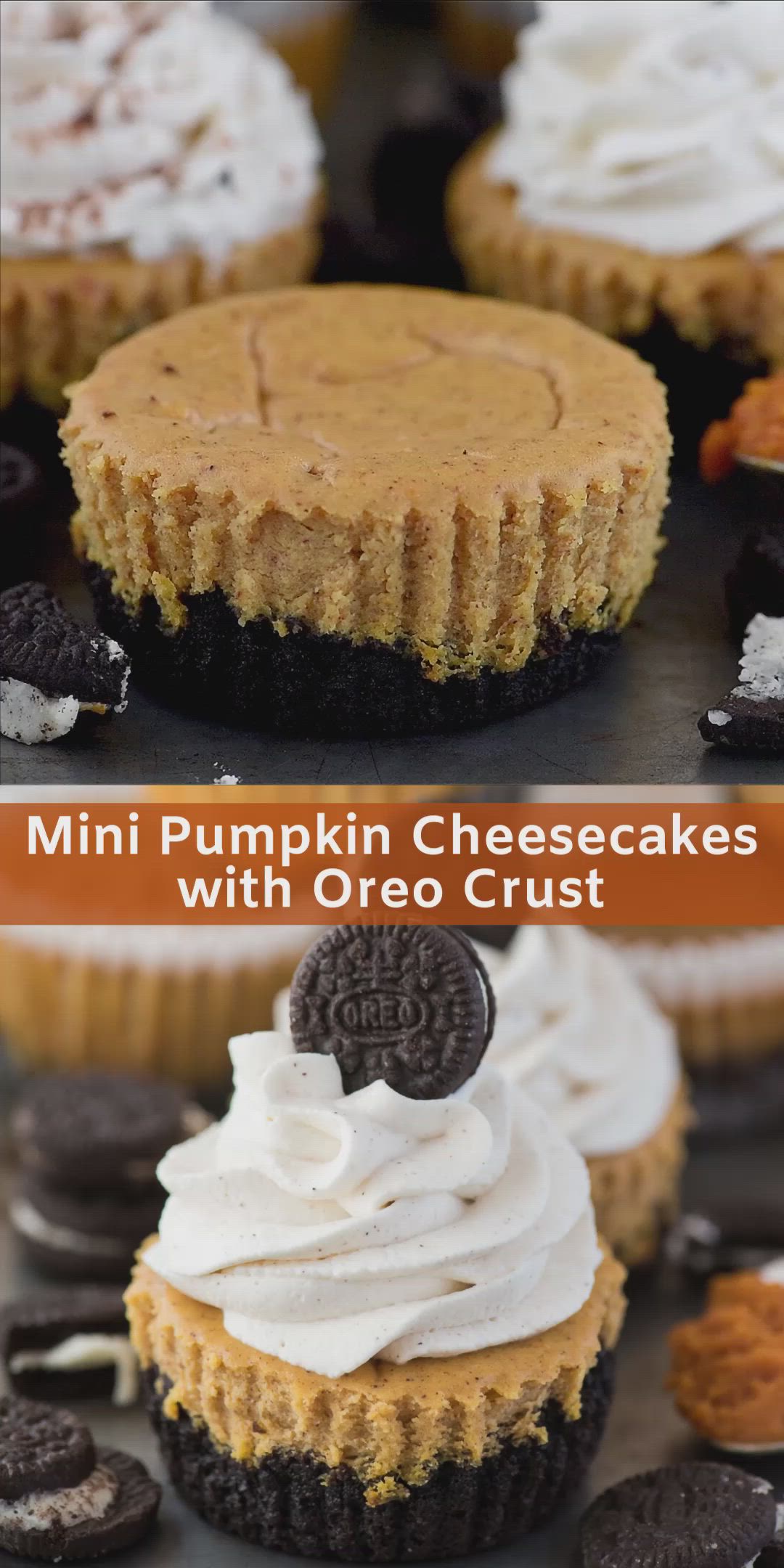 This may contain: mini pumpkin cheesecakes with oreo crust are the perfect dessert to serve for halloween