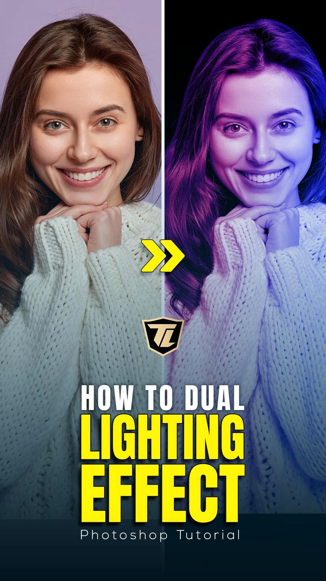 This may contain: two women are smiling with the words how to dual lighting effect