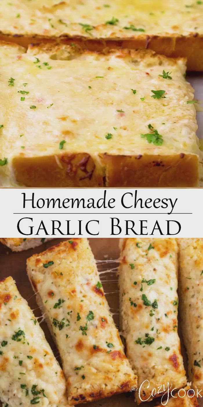 This may contain: homemade cheesy garlic bread with cheese on top