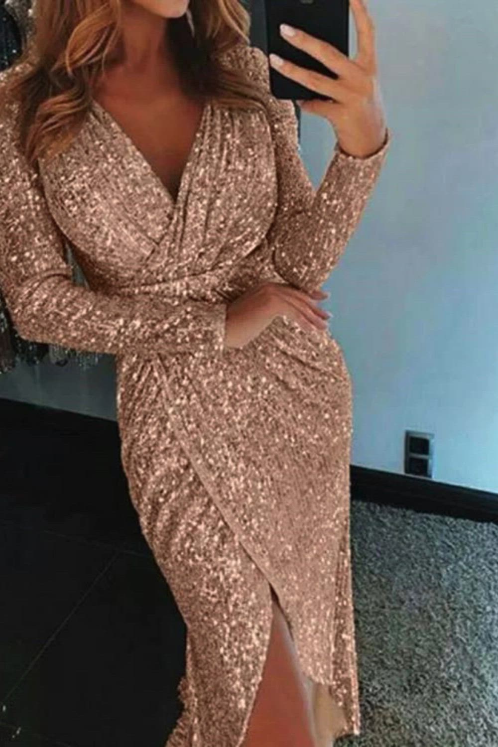 Step into the spotlight with our Women's Sequined Long Sleeve V-Neck Plus Size Party Dress. The alluring combination of sequins, a flattering V-neck, and long sleeves creates a glamorous look for your special occasions. Designed with your curves in mind, this dress offers a stunning silhouette that exudes confidence and style. Make a statement and turn heads at any party or event with this elegant and fashionable ensemble tailored for the plus-size beauty.