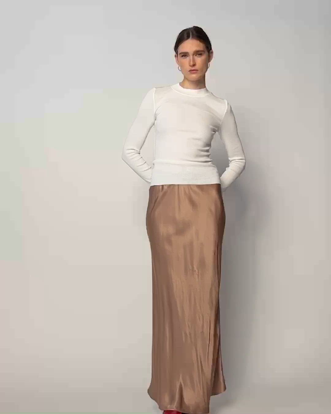 Slip into something silky… With an elastic waist, ultra-flattering fit, and luxe Hammered Satin fabric, it's the maxi skirt of your dreams. (This one comes in Teddy.) | Women's Gaia Skirt in Teddy | Ethical Essentials