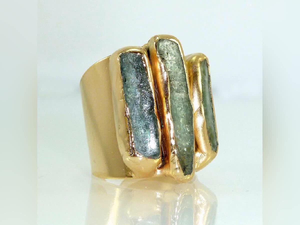 Kyanite Ring, Raw Gemstone Ring, Cocktail Ring, 24K Gold Adjustable Wide  Band Ring, Gold ring, Statement Kyanite Ring, By Inbal Mishan.