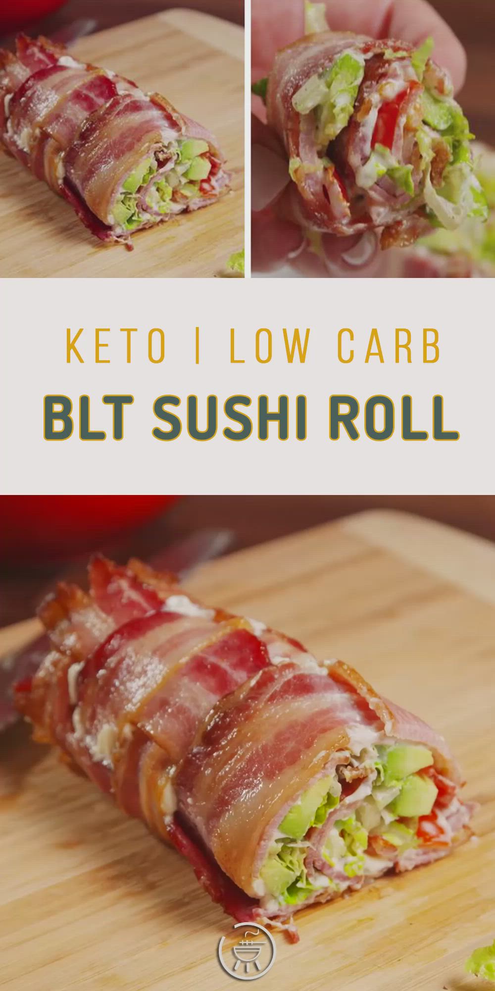 This may contain: a person is cutting up some food on a wooden board with the words keto i low carb blt sushi roll