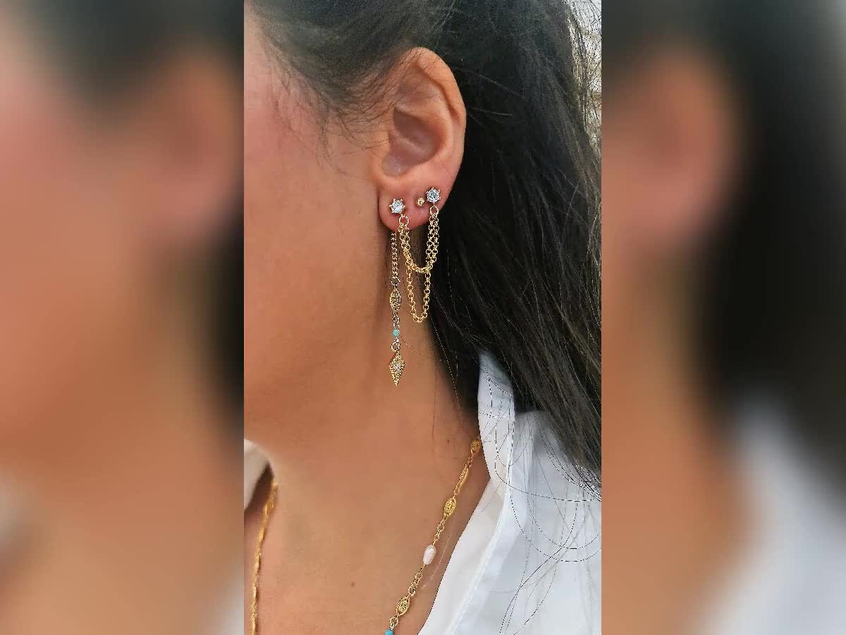 Triple Earrings, Ear Jacket Chain Earrings, Double Sided Earrings, Helix Chain Earrings Studs, Hole To Hole Earrings, Gold Earrings Set