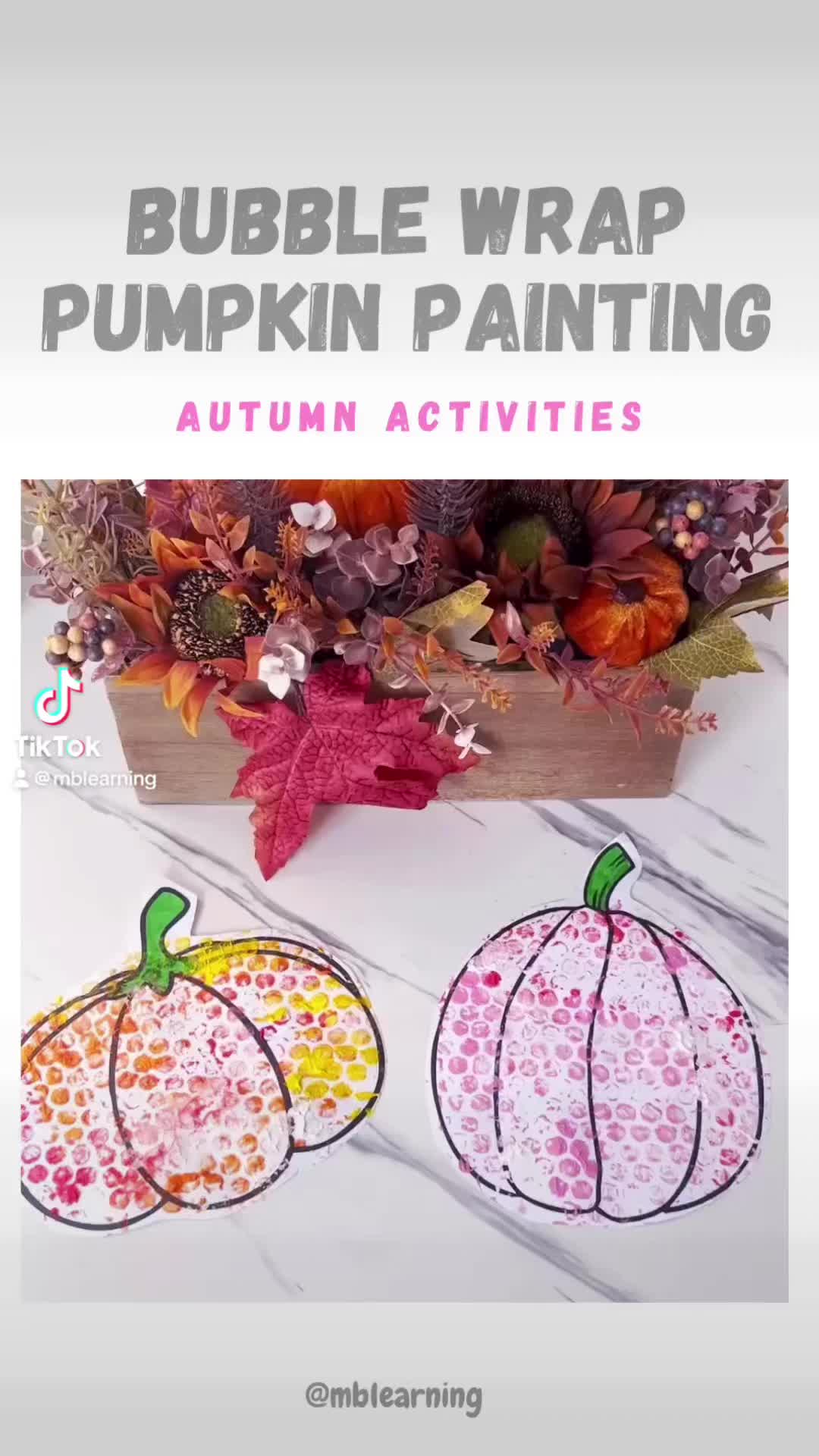 This may contain: two pumpkins are shown with the words bubble wrap pumpkin painting on them and an autumn activity