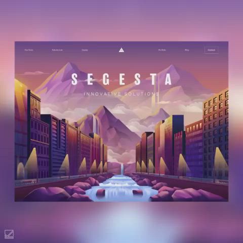 This may contain: the website for segesta is displayed on a purple and blue background with mountains in the