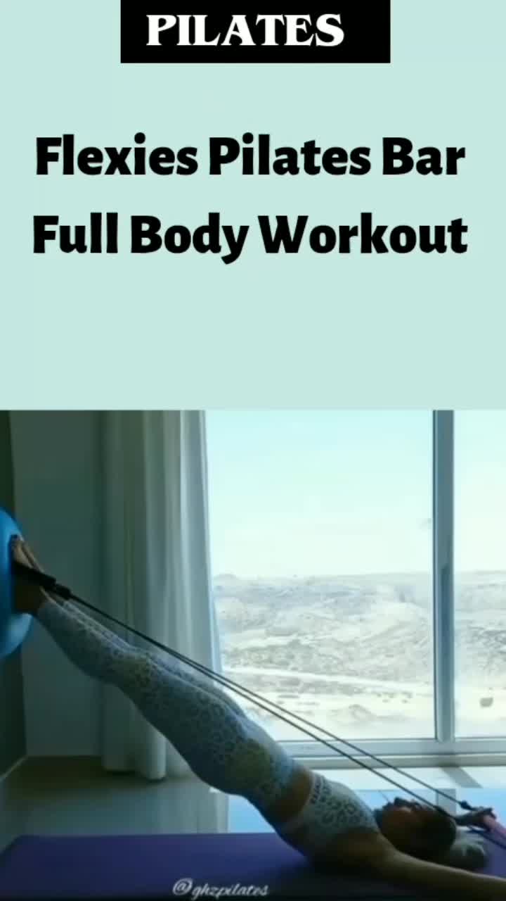 This may contain: a woman is doing pilates with the words flexies pilates bar full body workout