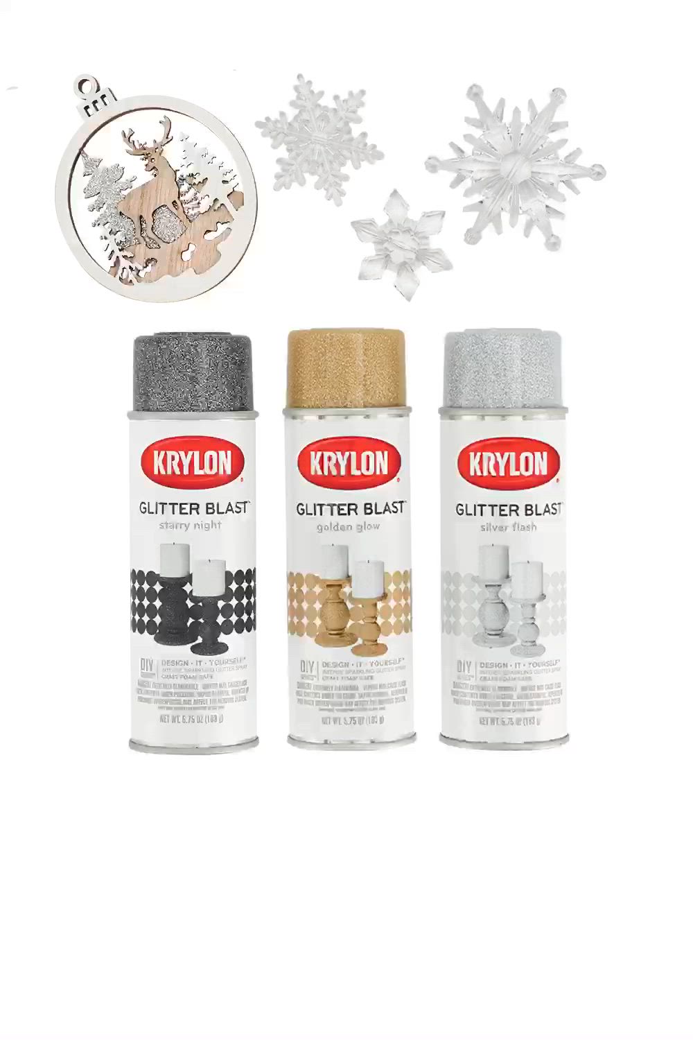 This may contain: the kit includes two spray cans, one silver and one white with snowflakes