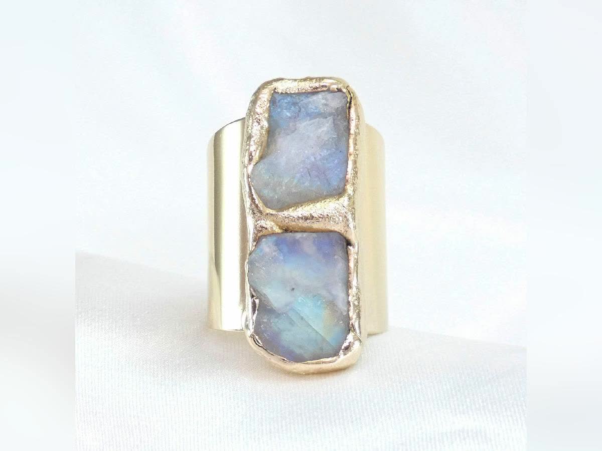 Moonstone Ring, Moonstone Jewelry, June Birthstone Ring, Rainbow Moonstone Statement Ring, Raw Stone Jewelry, Cocktail Moonstone Cuff Ring.