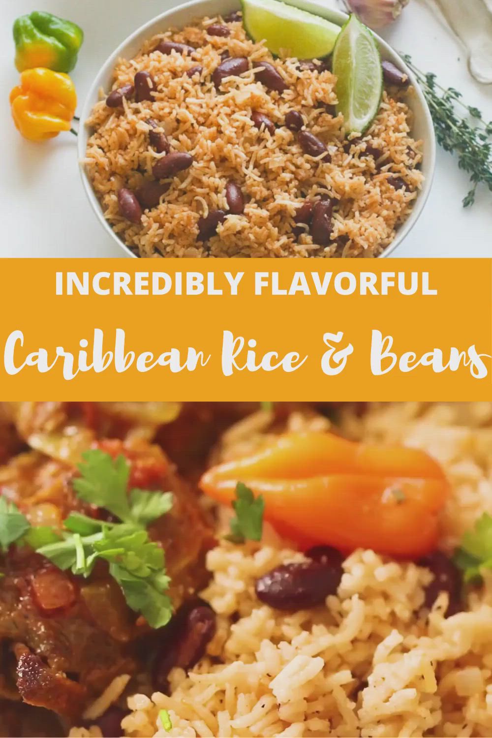 This may contain: the ingredients for this rice and beans dish are shown in two separate images, one is red