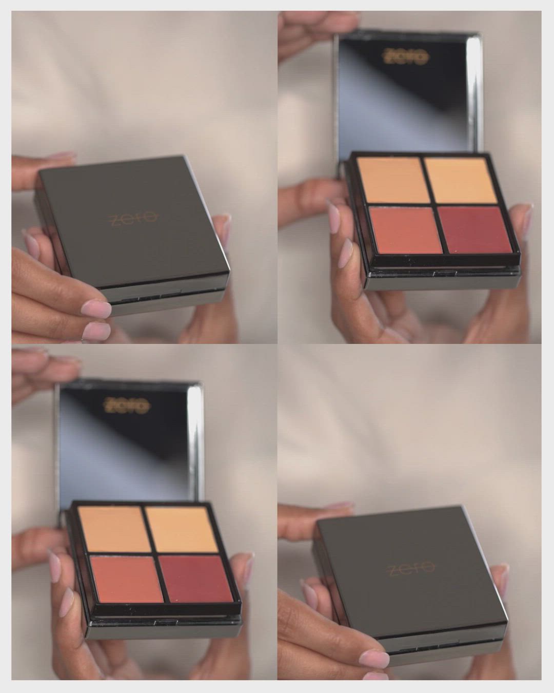 This may contain: four pictures of different shades of makeup