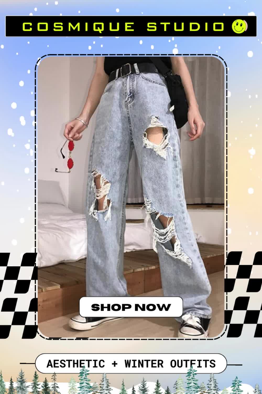 This contains an image of: Vintage High Waist Ripped Jean Blue Pants