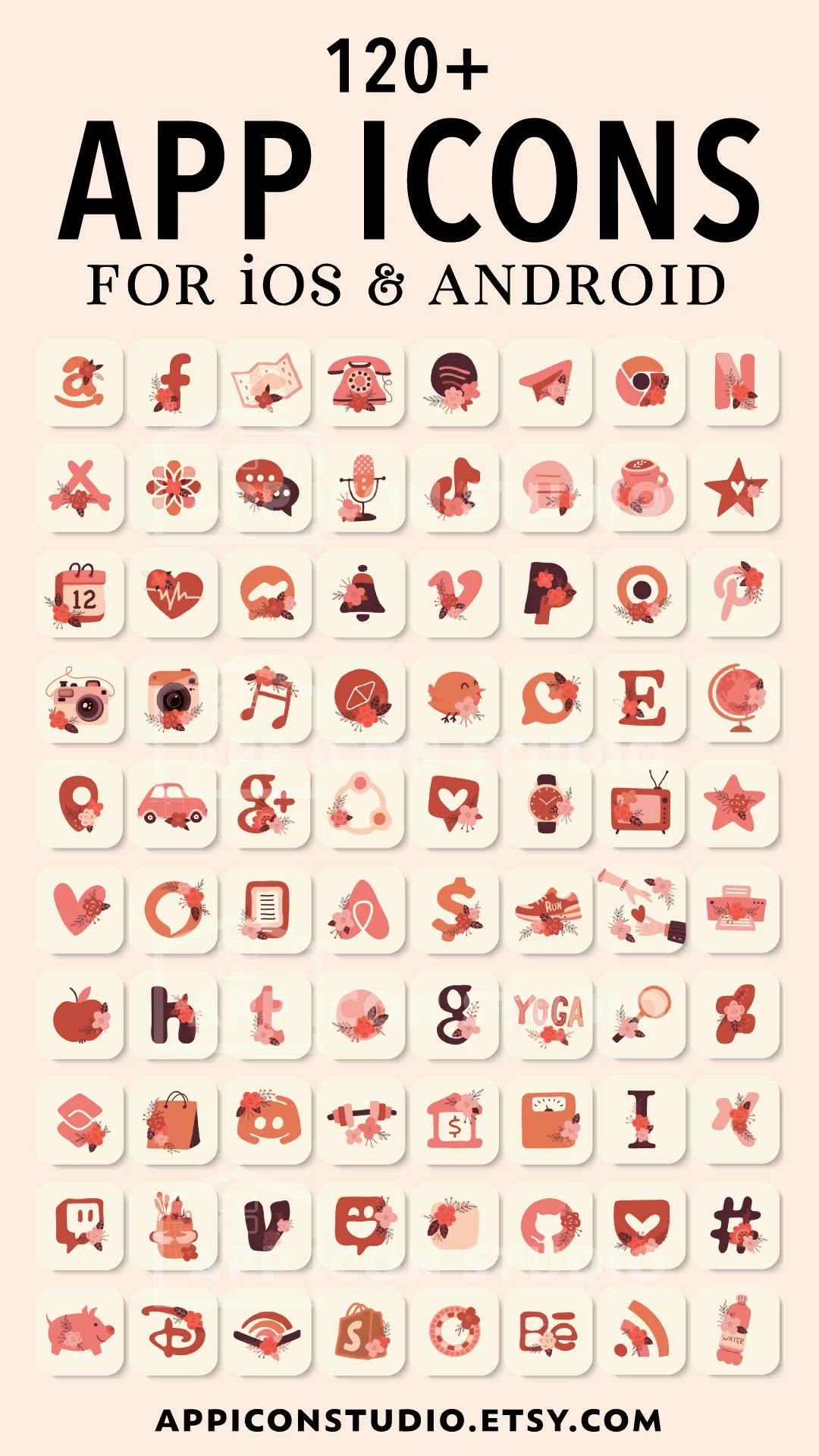 This may contain: the cover of 120 + app icons for iphone and android