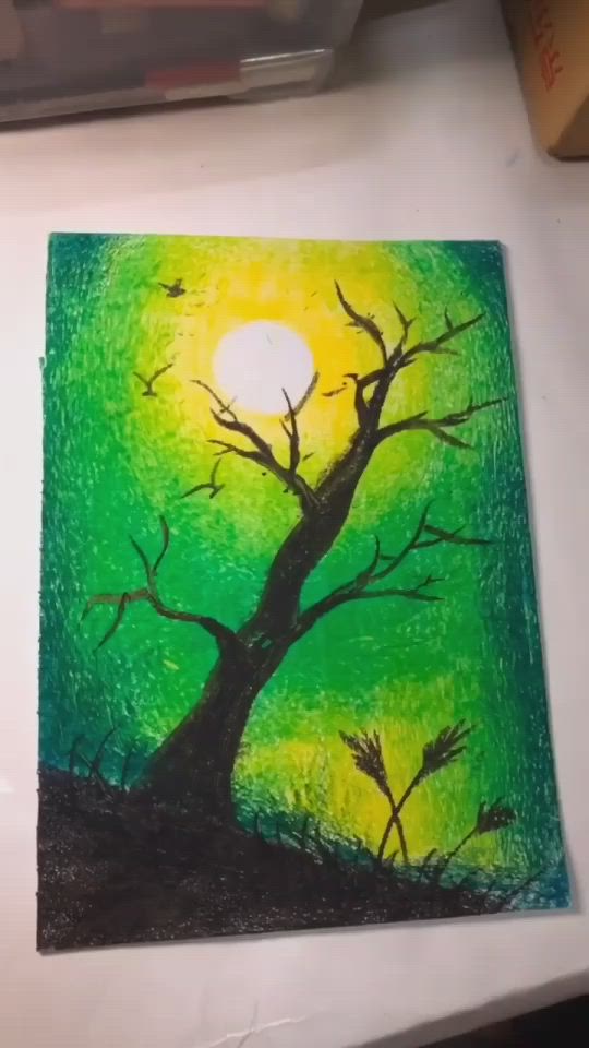 This may contain: a painting of a tree in the middle of a night sky with green and yellow colors