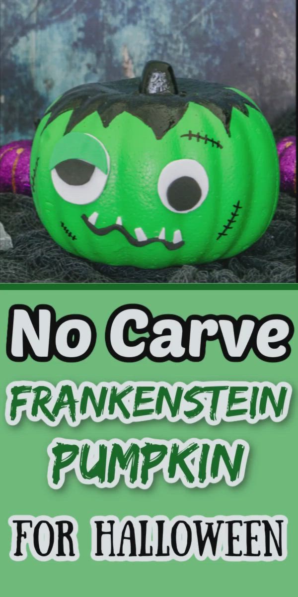 This may contain: no carve pumpkin for halloween with the words, no carve frankenstein pumpkin for halloween