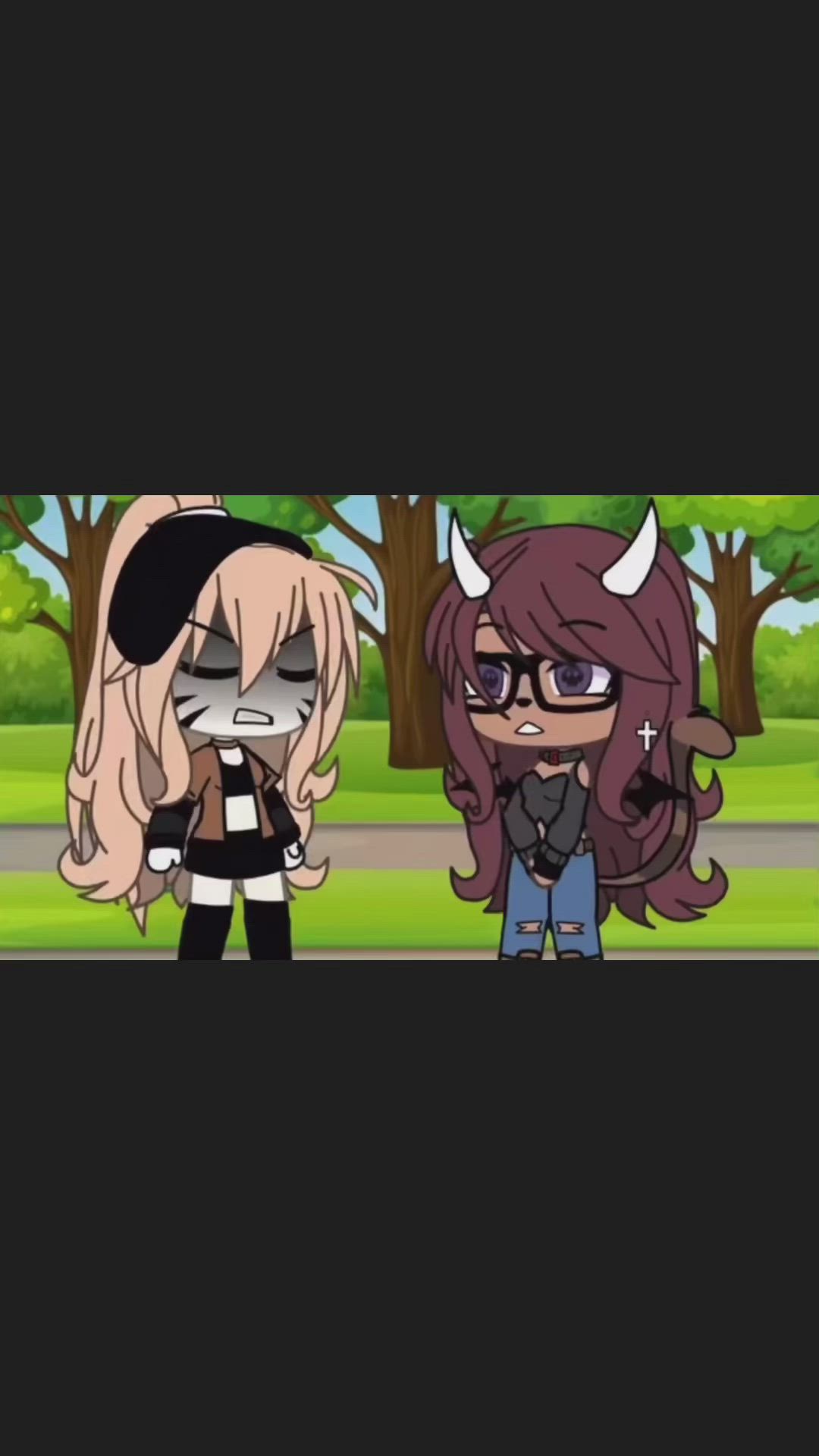 This may contain: two anime characters standing next to each other in front of trees and grass with horns on their heads