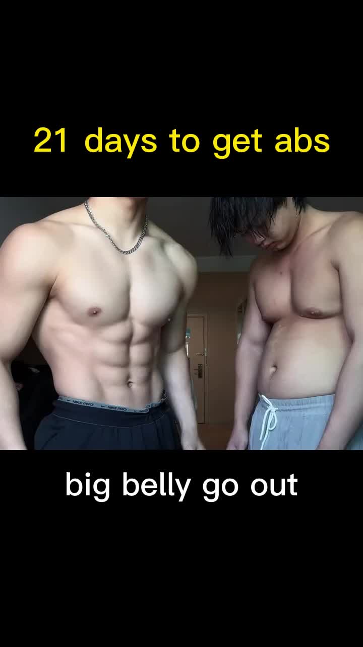 This may contain: two shirtless men standing next to each other with the caption 21 days to get abs