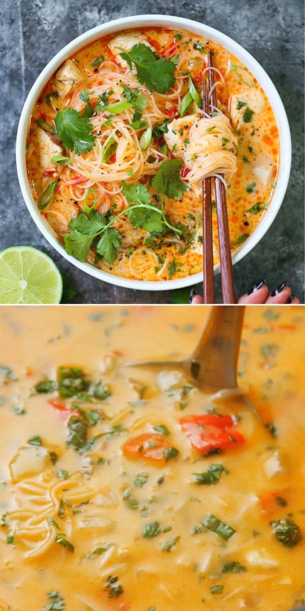 This contains: An easy meal idea featuring red curry! It's definitely a family-friendly idea. So cozy and comforting, you'll want to whip up this Thai noodle soup recipe again and again! Save this and try it!