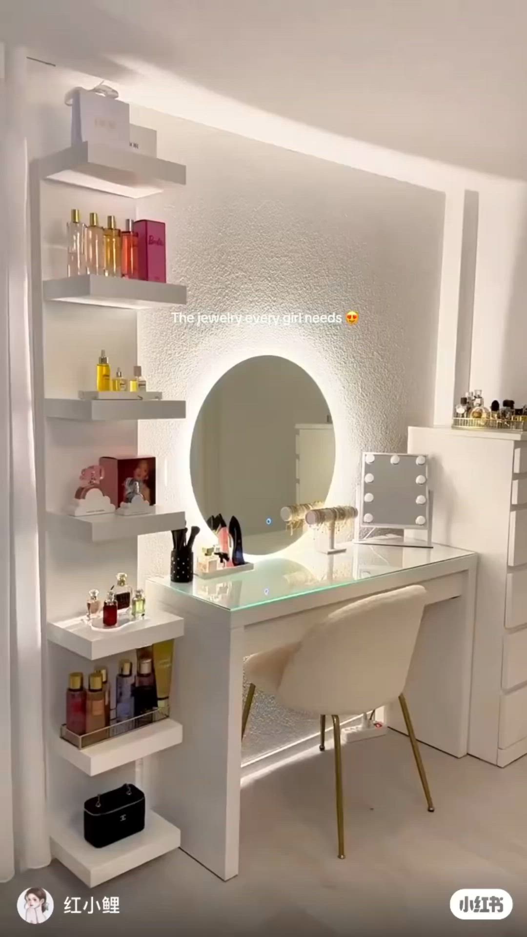 This may contain: a white desk topped with a mirror next to a shelf filled with bottles and containers