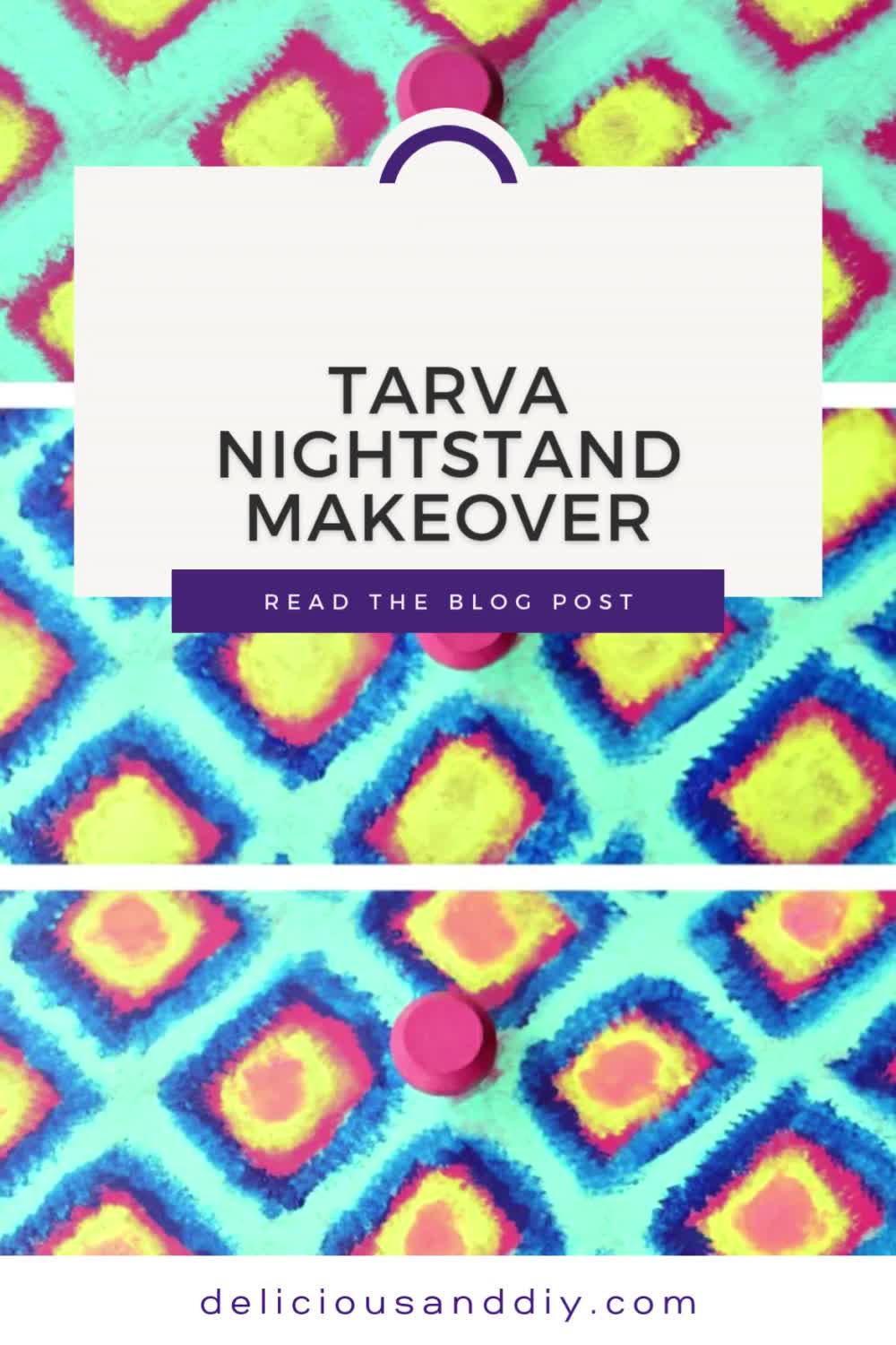 This may contain: the text tara nightstand makeover reads read her blog post, and it's colorful