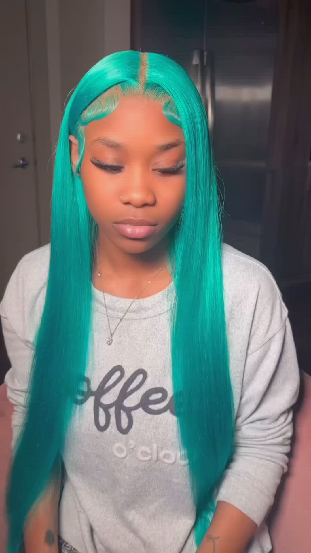 This contains an image of: Sterly Mint Green Human Hair Wig Straight/Body Wave Lace Front Wig