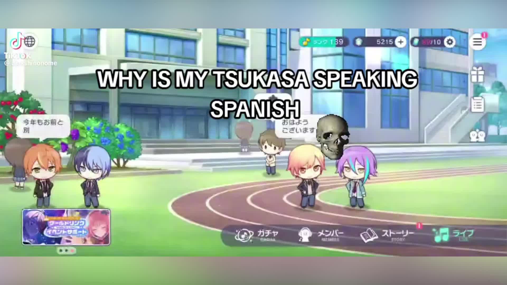 This may contain: an animated video game with the caption why is my tsukasa speaking spanish?