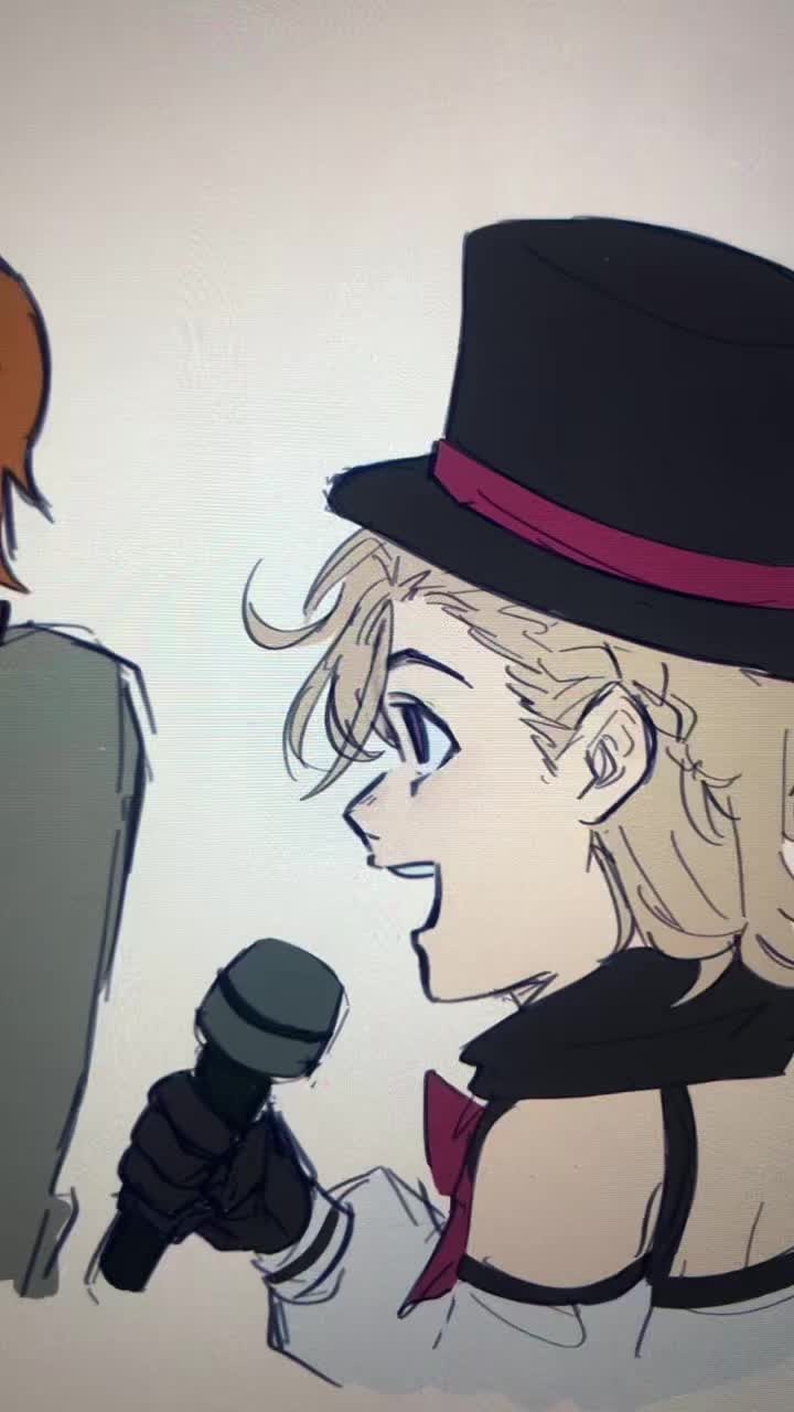 This may contain: an animated drawing of a man with a microphone and another person in the background wearing a top hat