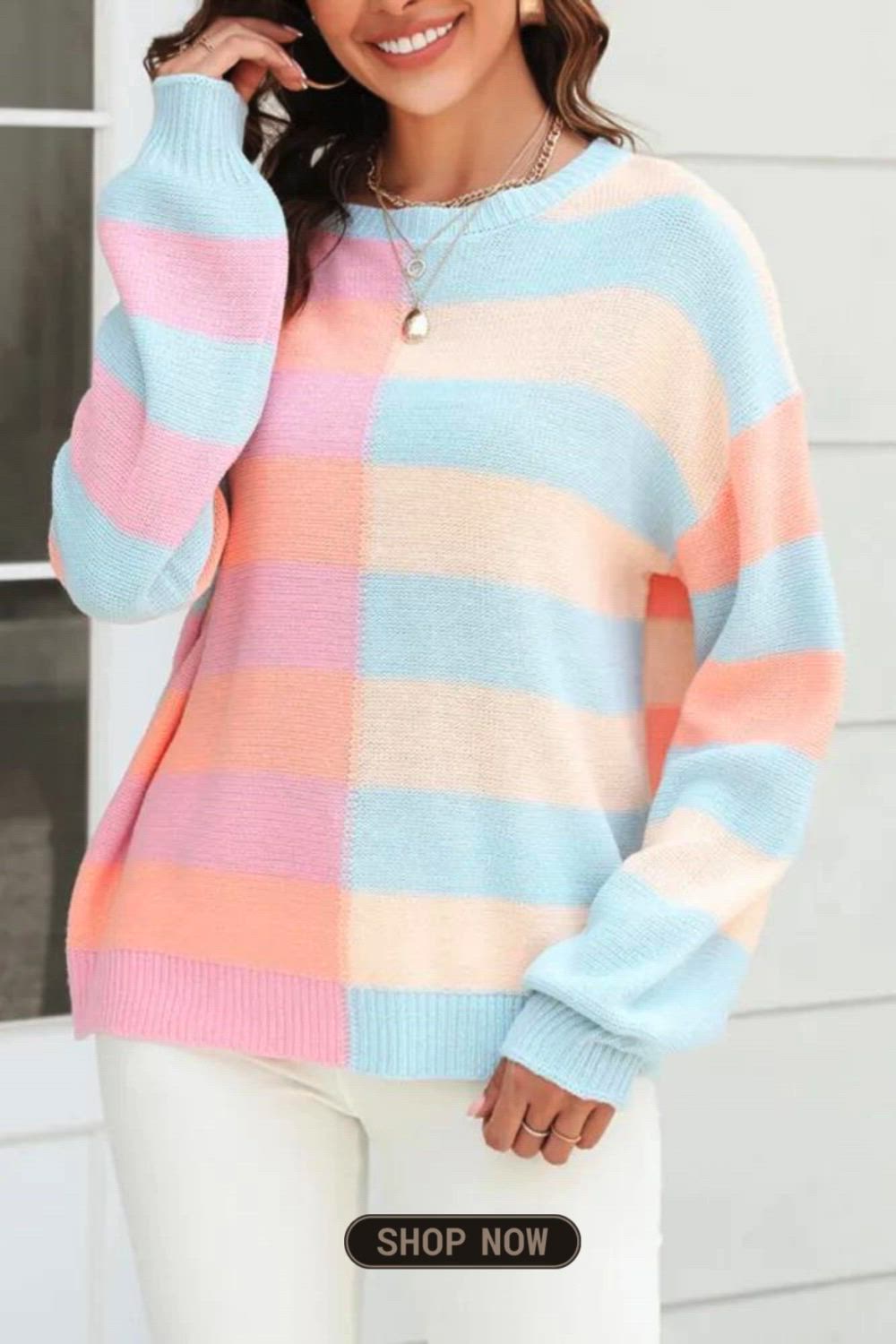 Paneled Striped Color-blocking Round Neck Knitted Pullover Sweater