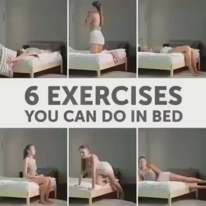 This may contain: there are six pictures of a woman laying on a bed with the caption 6 exercises you can do in bed