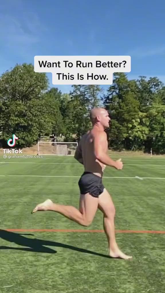 This may contain: a shirtless man running across a field with an ad above his head that says, want to run better? this is how