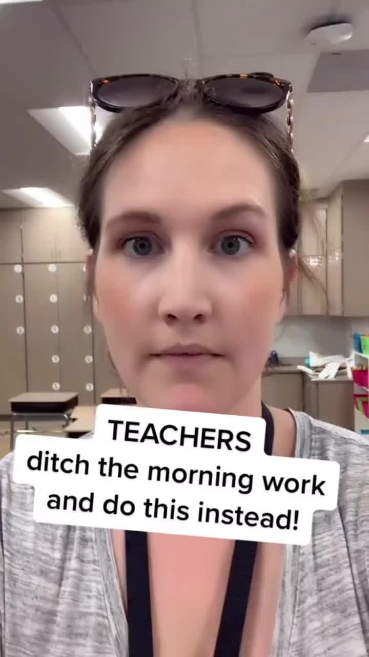 This may contain: a woman holding up a sign that says teachers ditch the morning work and do this instead