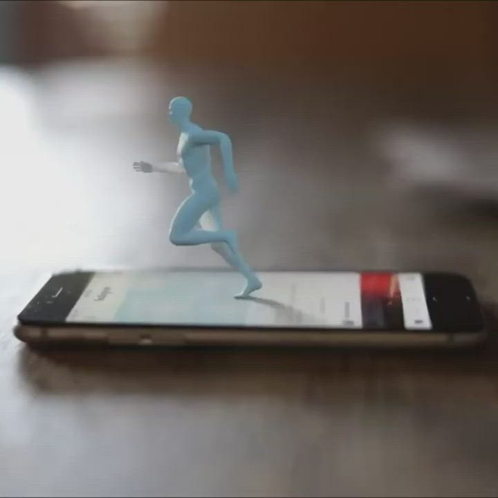 This may contain: a small blue man running on top of a cell phone