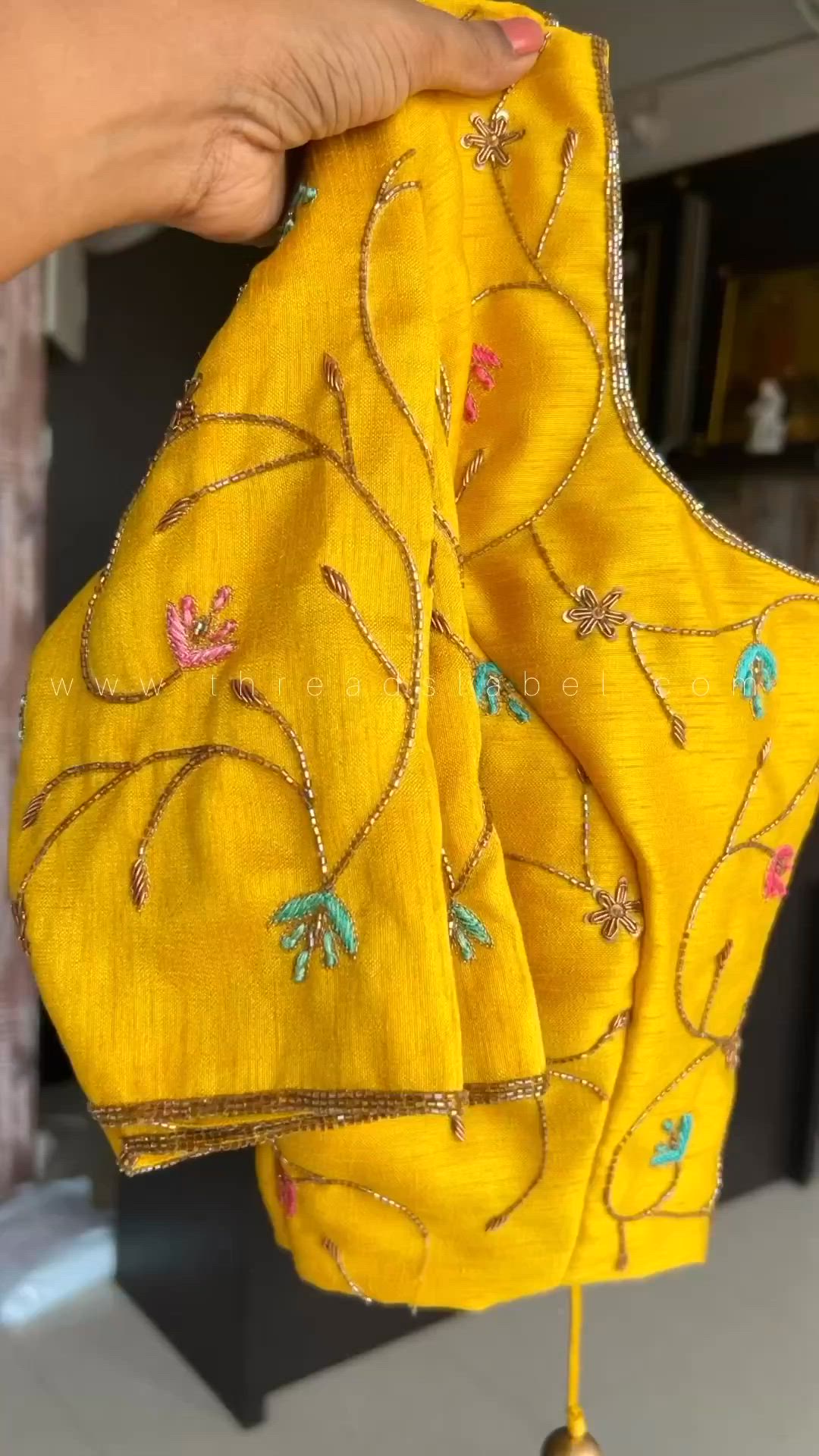 This contains an image of: Threads pink checked saree with yellow hand worked blouse