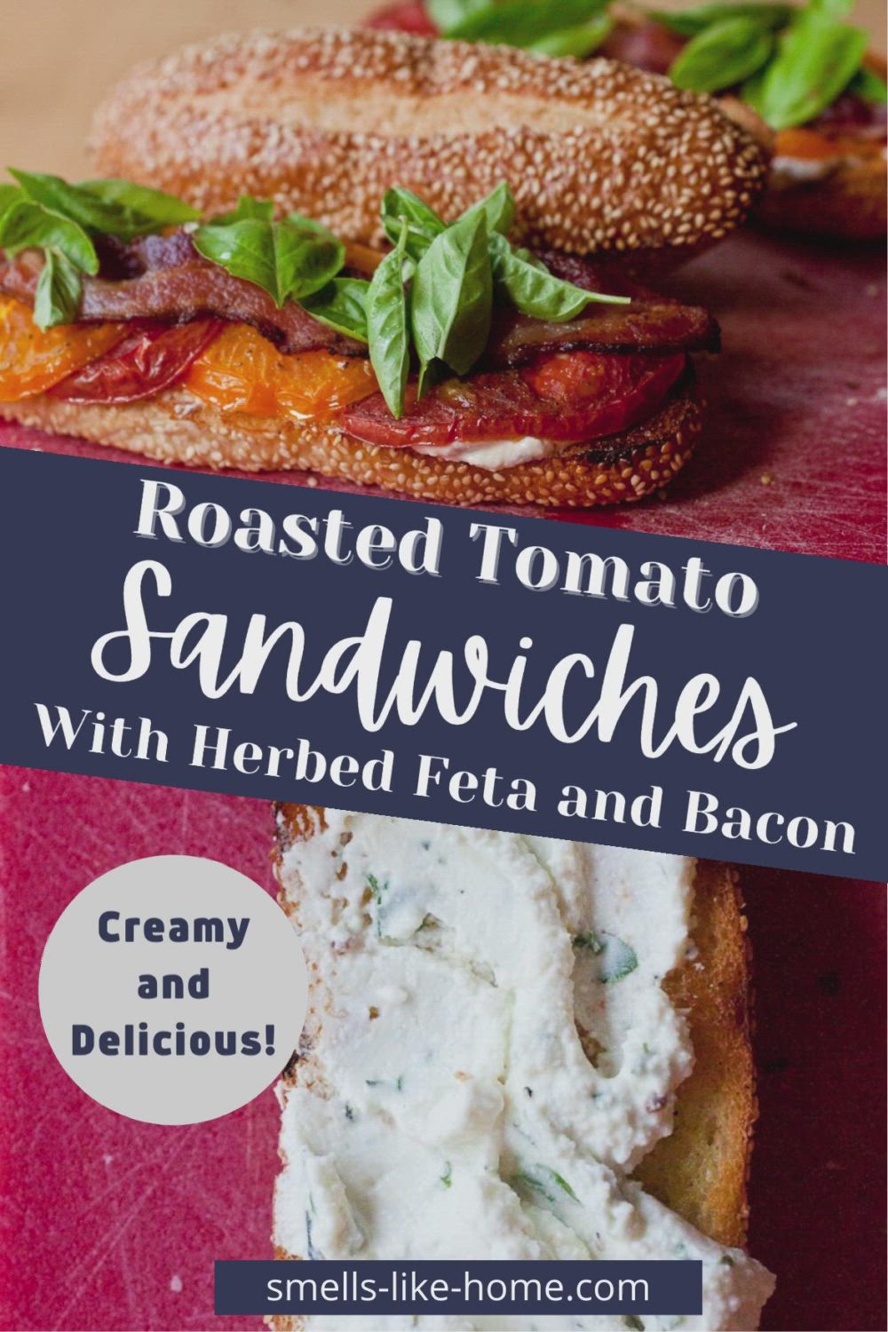 This may contain: toasted tomato sandwiches with herbed feta and bacon are the perfect side dish