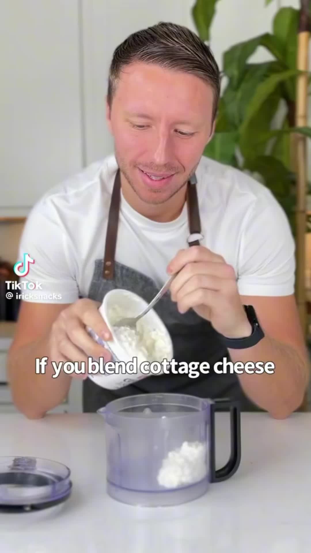 This may contain: a man is making cottage cheese in his blender with the words if you blend cottage cheese