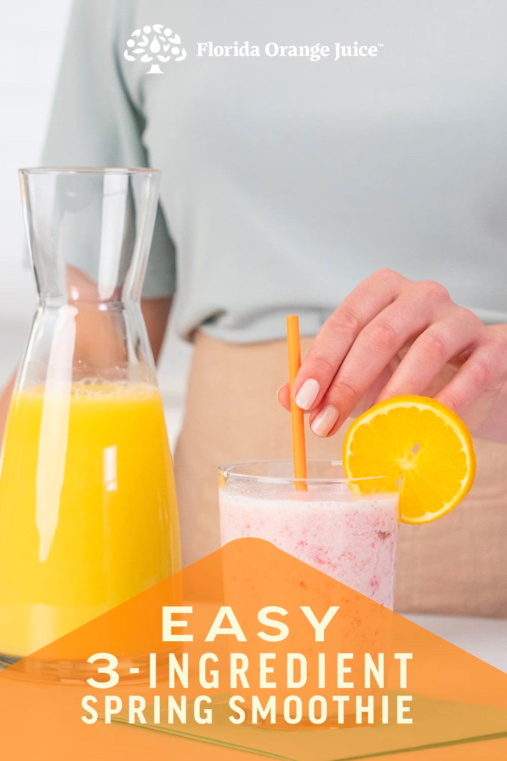 This may contain: a woman is holding a straw and orange juice in front of her glass with the words easy 3 - ingredient spring smoothie