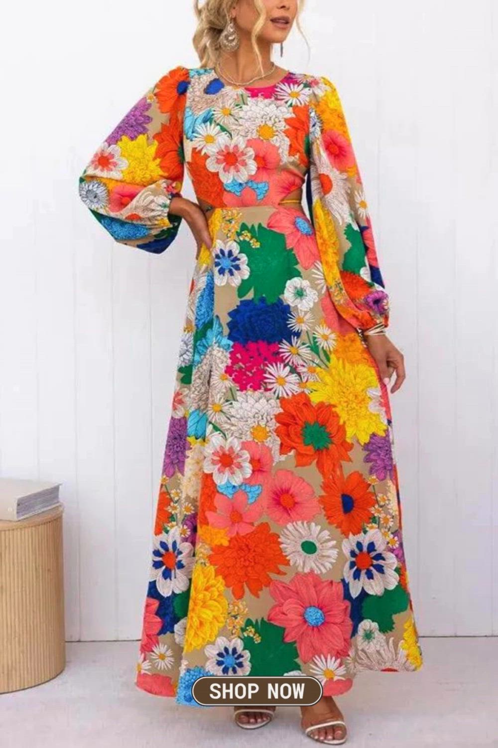 This maxi dress showcases a delightful floral print, adding a touch of whimsy to your ensemble. Featuring strategically placed cutouts, it balances sophistication with a hint of allure. The elastic waist ensures a comfortable fit, making this dress a perfect choice for both style and ease on any occasion.