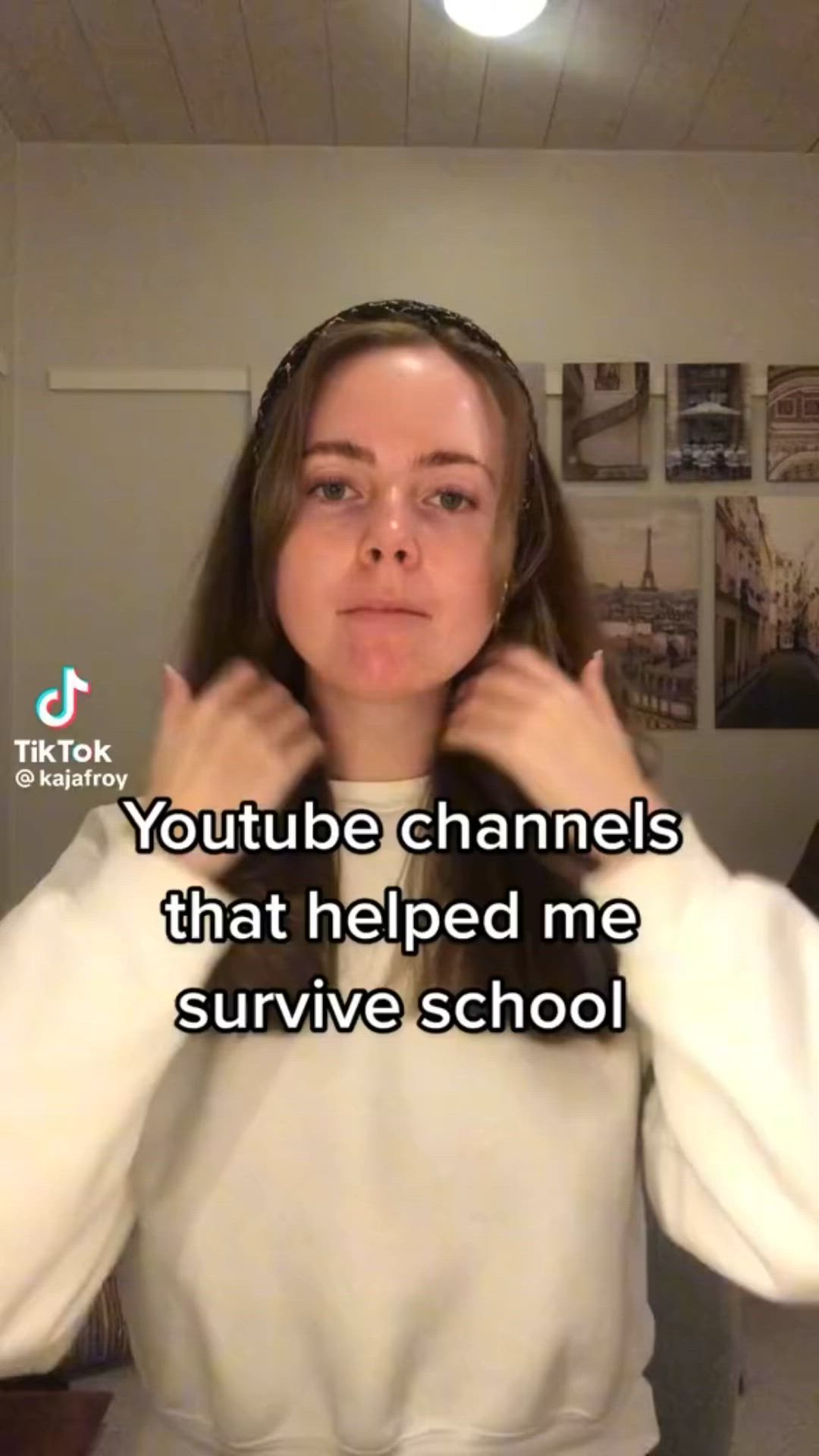 This may contain: a woman is holding her hands up to her face with the words youtube channels that helped me survive school