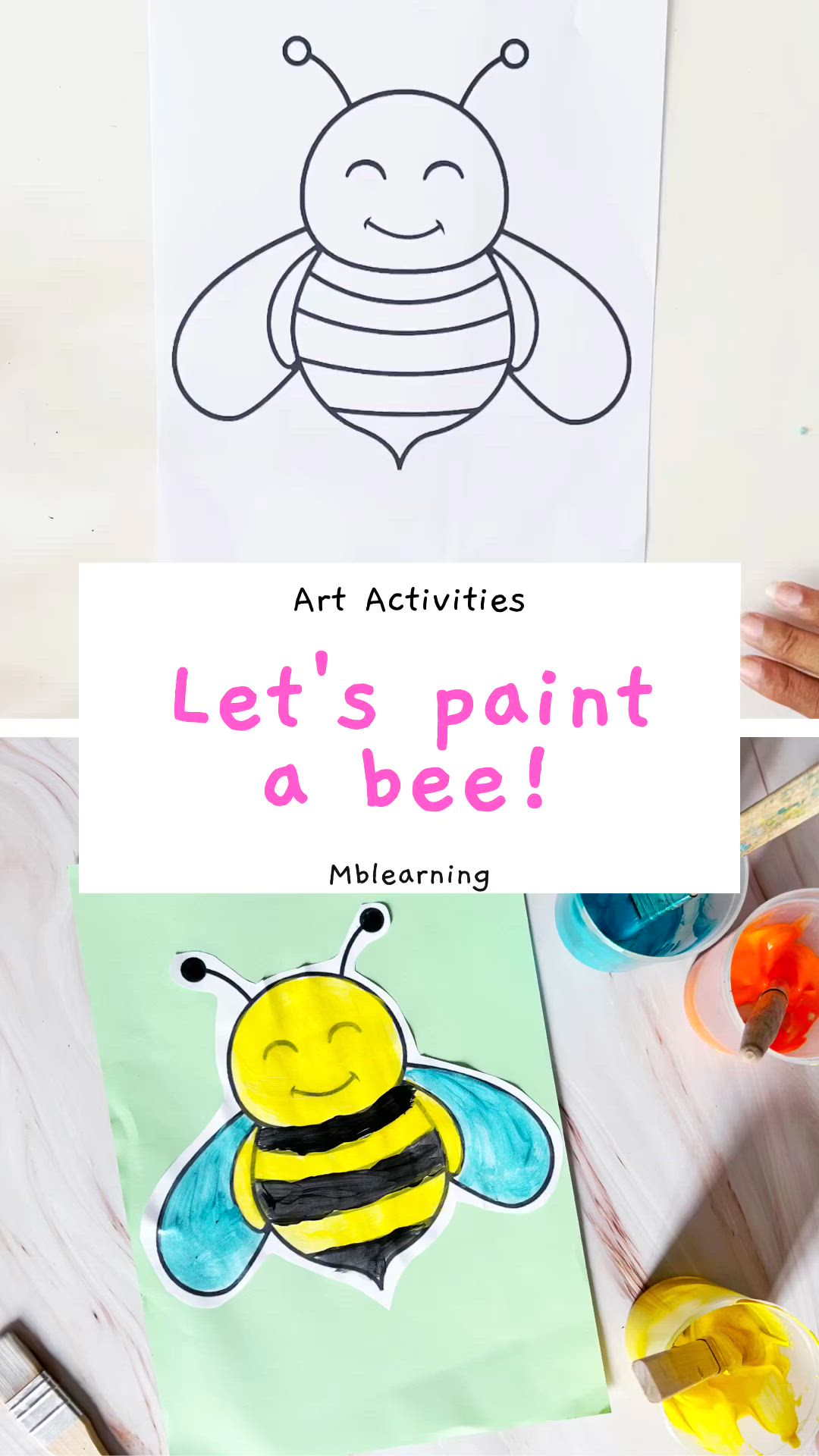 This may contain: an art activity for kids to paint a bee with the words let's paint a bee