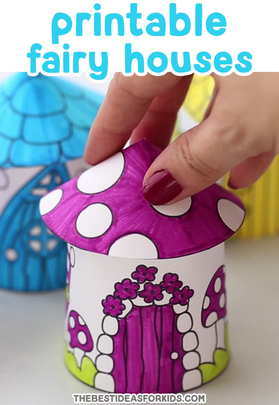 This may contain: a paper cup that has been made to look like a mushroom house with the words printable fairy houses on it