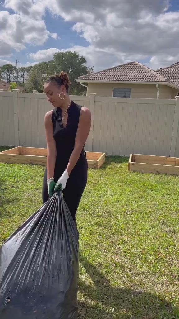 This may contain: a woman is holding a bag full of garbage in her backyard with the words, how to get rid of plastic bags?