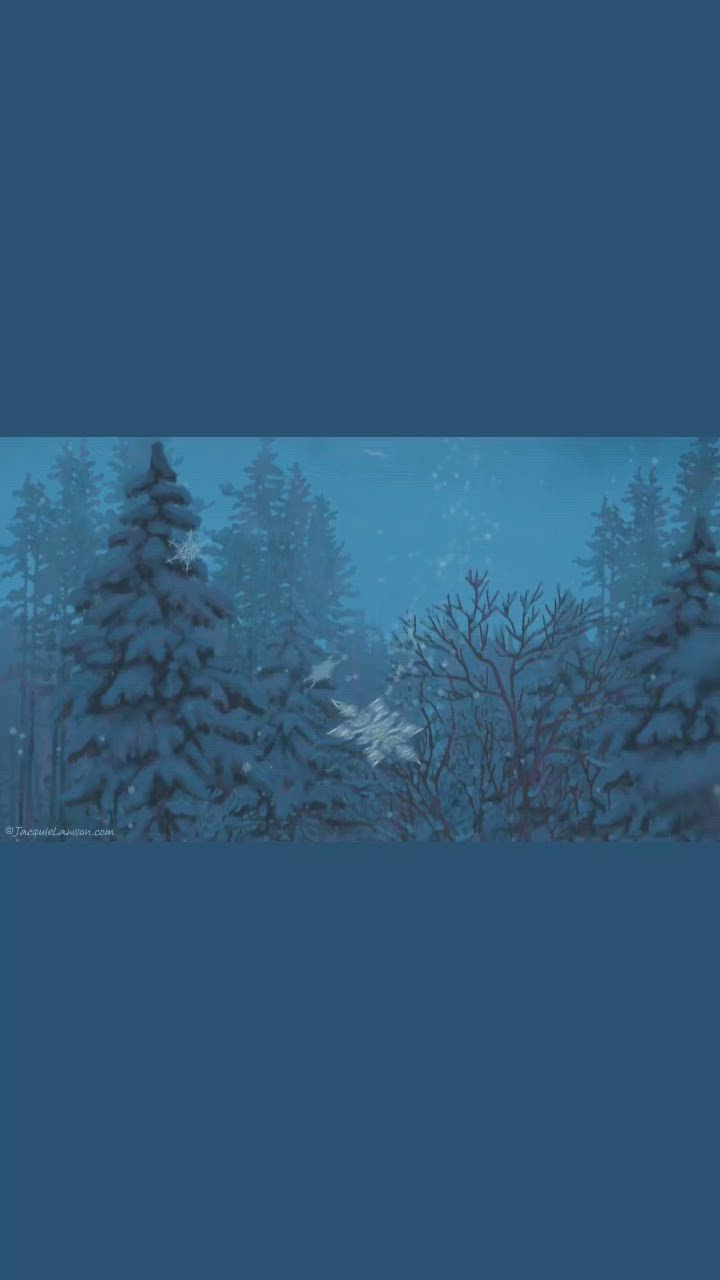 This may contain: a blue background with snowflakes and trees in the foreground is an evergreen forest