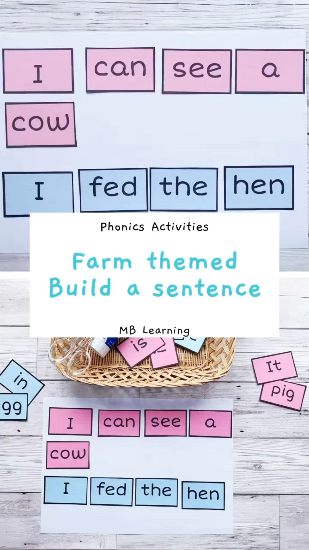 This may contain: the farm themed build a sentence game with words and pictures on it, along with other activities