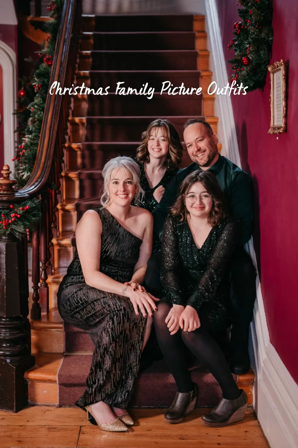 This may contain: the family is posing for a photo on the stairs