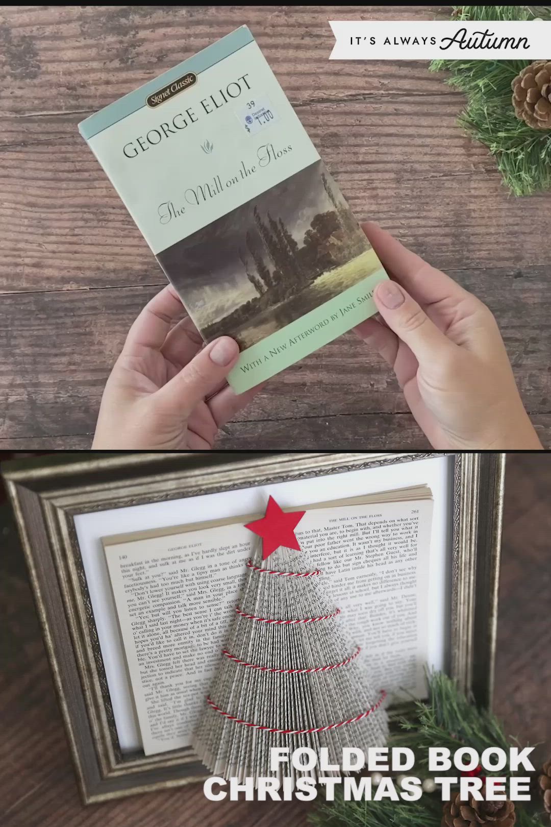 This may contain: the book christmas tree is being held up by two hands