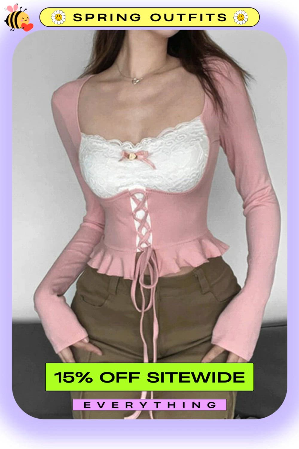 This contains an image of: Coquette Aesthetic Lace-Up Top