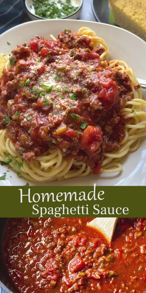 This may contain: homemade spaghetti sauce in a skillet with a wooden spoon