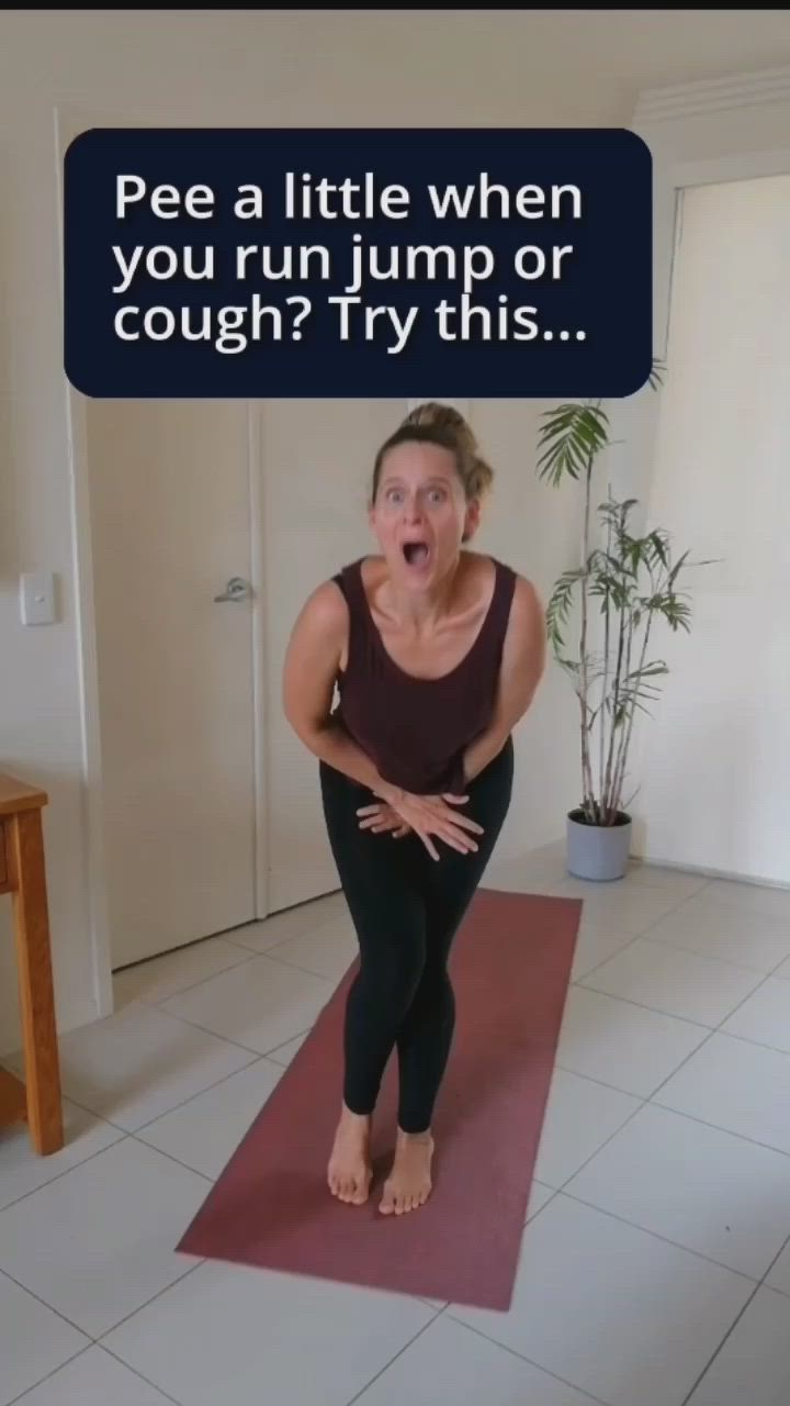 This may contain: a woman standing on a yoga mat with her mouth open and the words pee a little when you run jump or cough? try this