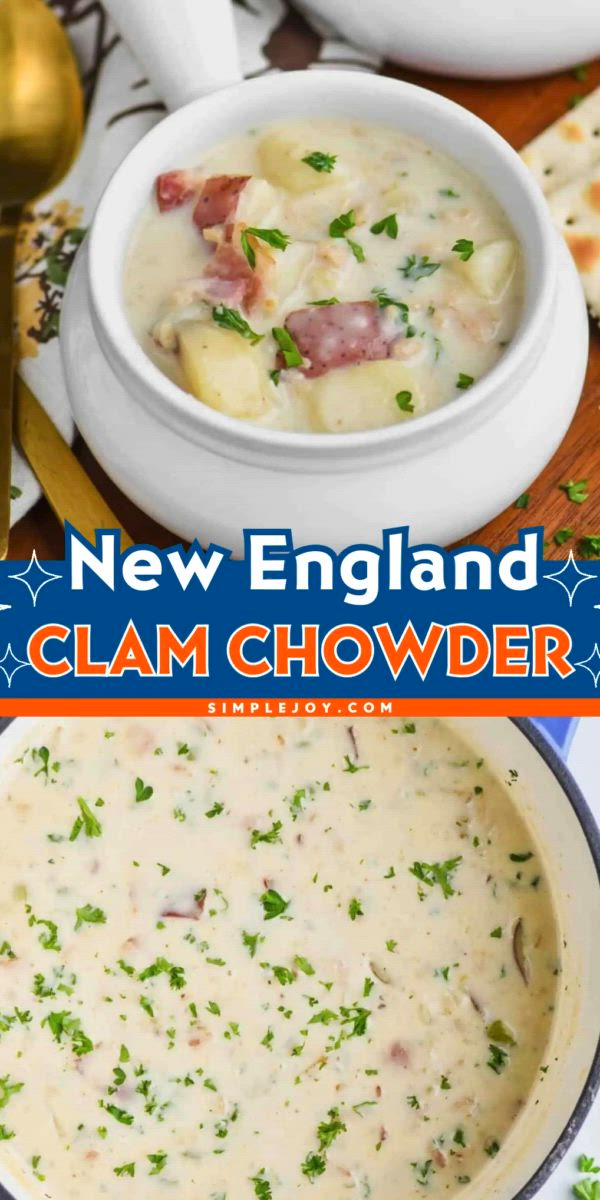 This contains: Out of delicious soup ideas for dinner? This New England Clam Chowder is made with bacon, plenty of potatoes, and just the right amount of cream. This clam chowder recipe is one easy comfort food recipe for the family!